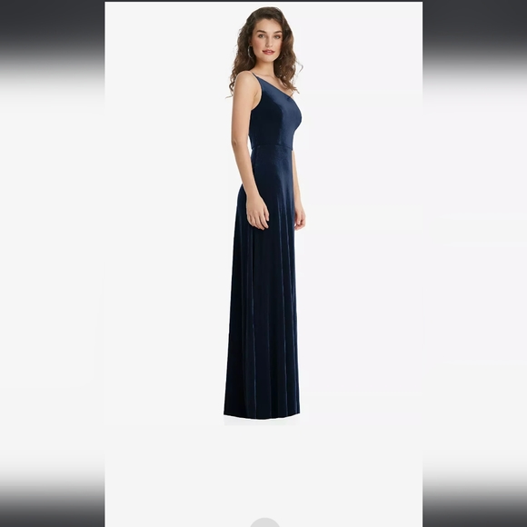 NWT After Six 1556 Lux One Shoulder Velvet Maxi Dress. Midnight Navy. - Picture 3 of 3